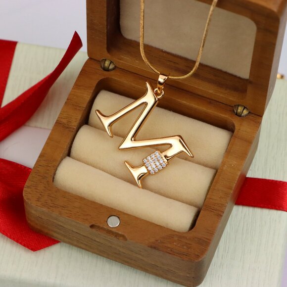 "Rose Gold M Initial Pendant with Sparkling Crystals, XPPT1424 - Picture 8 of 12